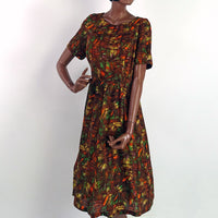 50s 60s Day Dress Swing Skirt Earth Colors Print Women's Vintage Large VFG