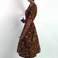 50s 60s Day Dress Swing Skirt Earth Colors Print Women's Vintage Large VFG