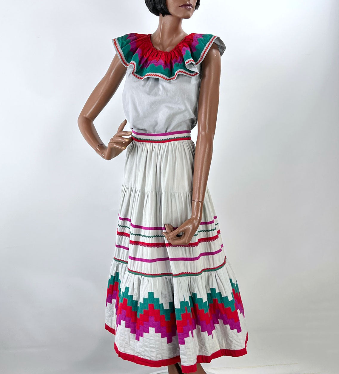 70s Patchwork Full Skirt &amp; Blouse 80s Vintage Seminole Style S/M Origins