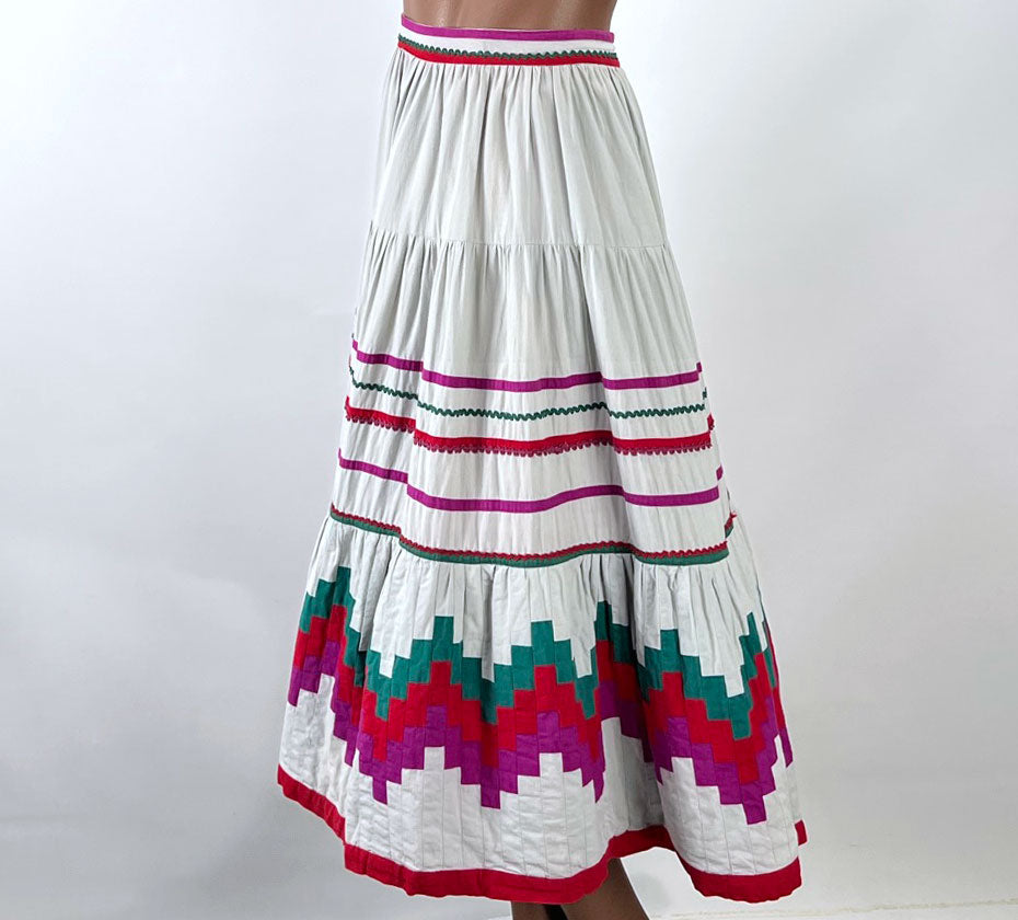 70s Patchwork Full Skirt &amp; Blouse 80s Vintage Seminole Style S/M Origins