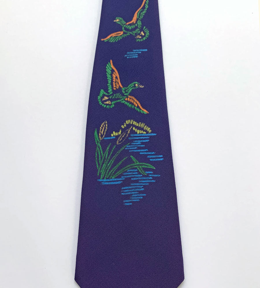 50s Hand Painted Neck Tie Ducks in Flight Over Pond VFG Dark Blue