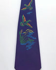 50s Hand Painted Neck Tie Ducks in Flight Over Pond VFG Dark Blue