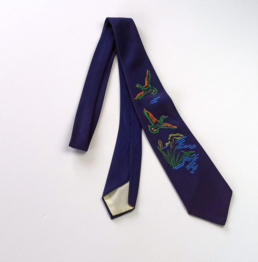 50s Hand Painted Neck Tie Ducks in Flight Over Pond VFG Dark Blue