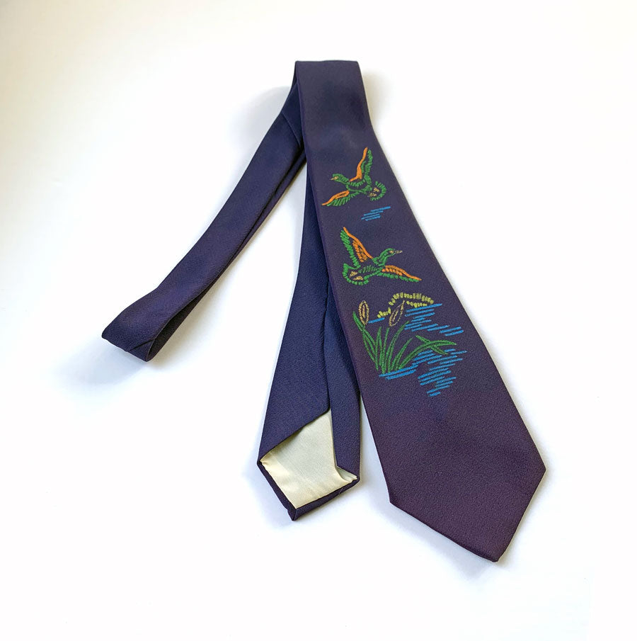 50s Hand Painted Neck Tie Ducks in Flight Over Pond VFG Dark Blue