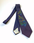 50s Hand Painted Neck Tie Ducks in Flight Over Pond VFG Dark Blue