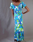 70s Vintage Hawaiian Maxi Dress Mermaid Style Fit & Flare Slinky M VFG