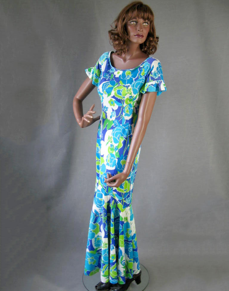 70s Vintage Hawaiian Maxi Dress Mermaid Style Fit & Flare Slinky M VFG 70s Vintage Hawaiian Maxi Dress Mermaid Style Fit & Flare Slinky M VFG