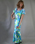 70s Vintage Hawaiian Maxi Dress Mermaid Style Fit & Flare Slinky M VFG