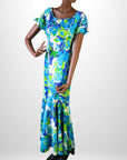 70s Vintage Hawaiian Maxi Dress Mermaid Style Fit & Flare Slinky M VFG