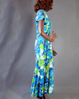 70s Vintage Hawaiian Maxi Dress Mermaid Style Fit & Flare Slinky M VFG