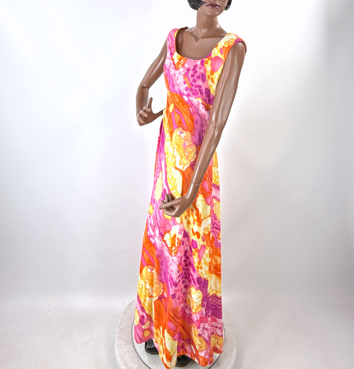 70s Maxi Dress Psychedelic Melting Print Vintage Chiffon Capelet Paula Brooks VFG