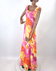 70s Maxi Dress Psychedelic Melting Print Vintage Chiffon Capelet Paula Brooks VFG