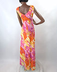 70s Maxi Dress Psychedelic Melting Print Vintage Chiffon Capelet Paula Brooks VFG