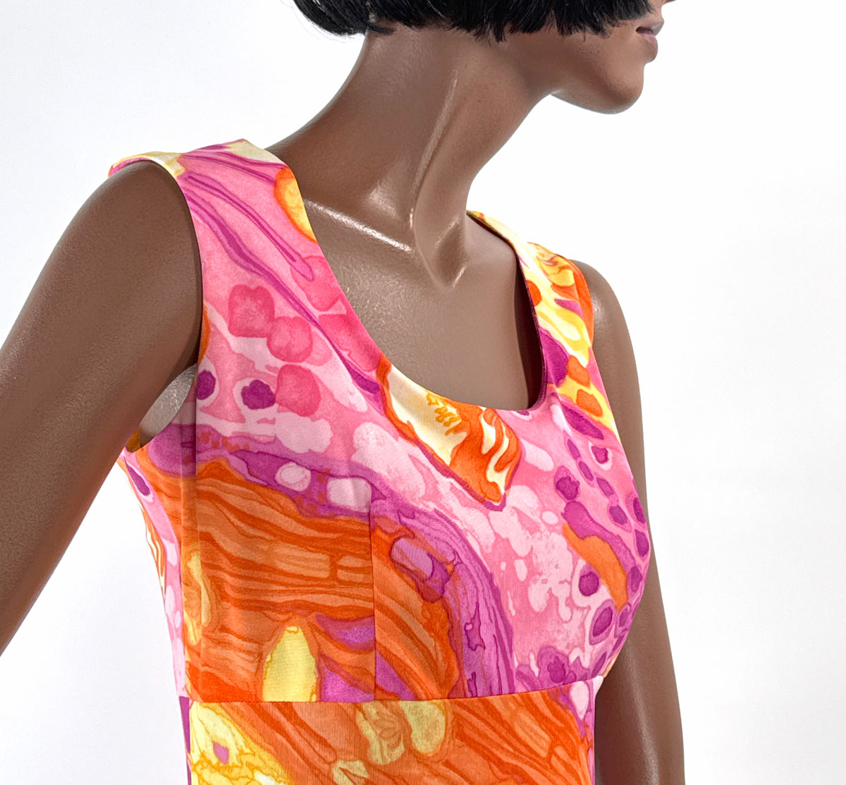 70s Maxi Dress Psychedelic Melting Print Vintage Chiffon Capelet Paula Brooks VFG