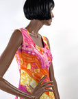 70s Maxi Dress Psychedelic Melting Print Vintage Chiffon Capelet Paula Brooks VFG
