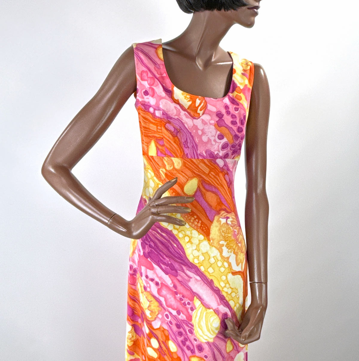 70s Maxi Dress Psychedelic Melting Print Vintage Chiffon Capelet Paula Brooks VFG