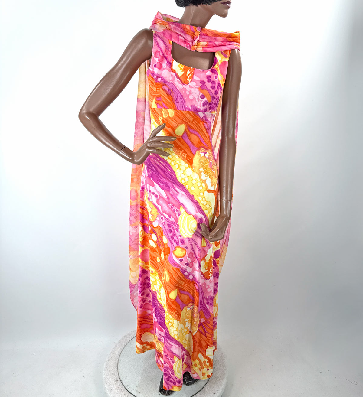 70s Maxi Dress Psychedelic Melting Print Vintage Chiffon Capelet Paula Brooks VFG