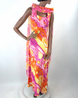 70s Maxi Dress Psychedelic Melting Print Vintage Chiffon Capelet Paula Brooks VFG