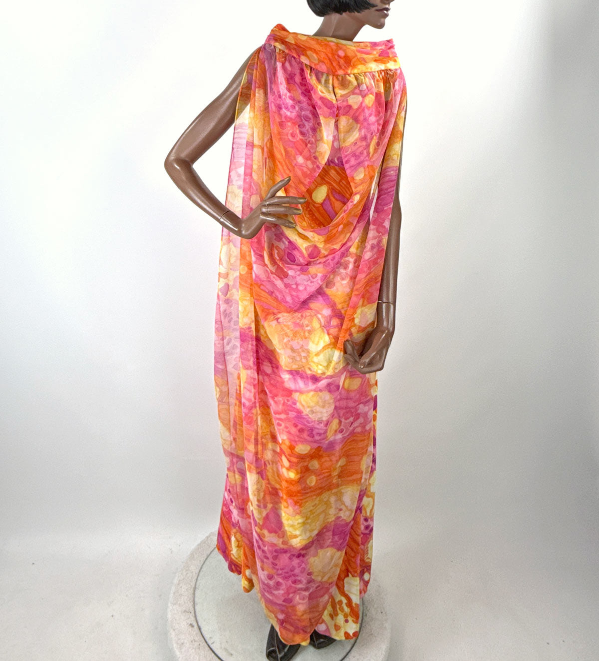 70s Maxi Dress Psychedelic Melting Print Vintage Chiffon Capelet Paula Brooks VFG