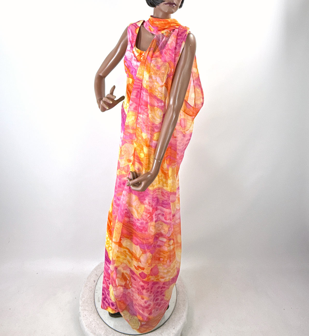 70s Maxi Dress Psychedelic Melting Print Vintage Chiffon Capelet Paula Brooks VFG