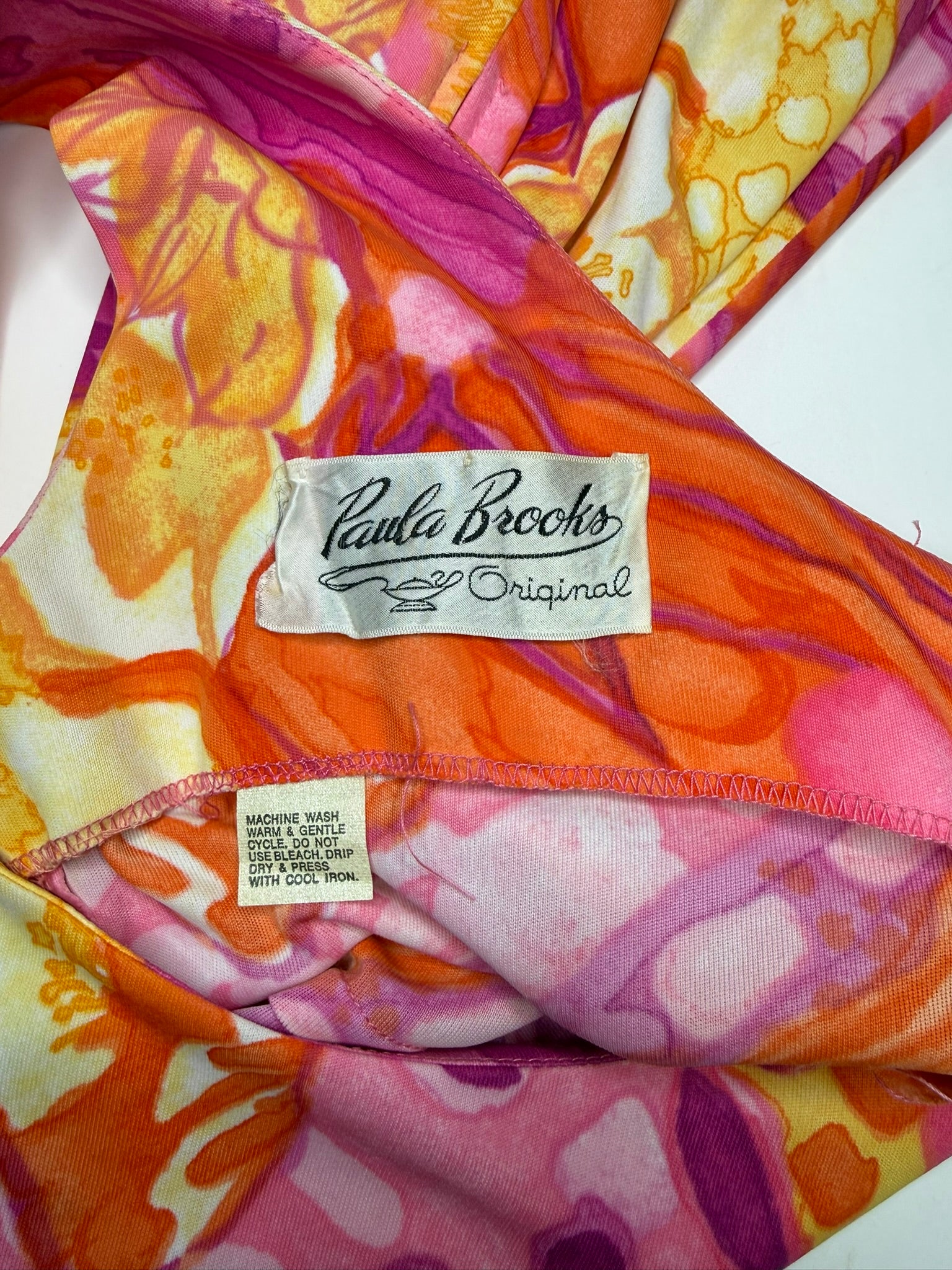 70s Maxi Dress Psychedelic Melting Print Vintage Chiffon Capelet Paula Brooks VFG