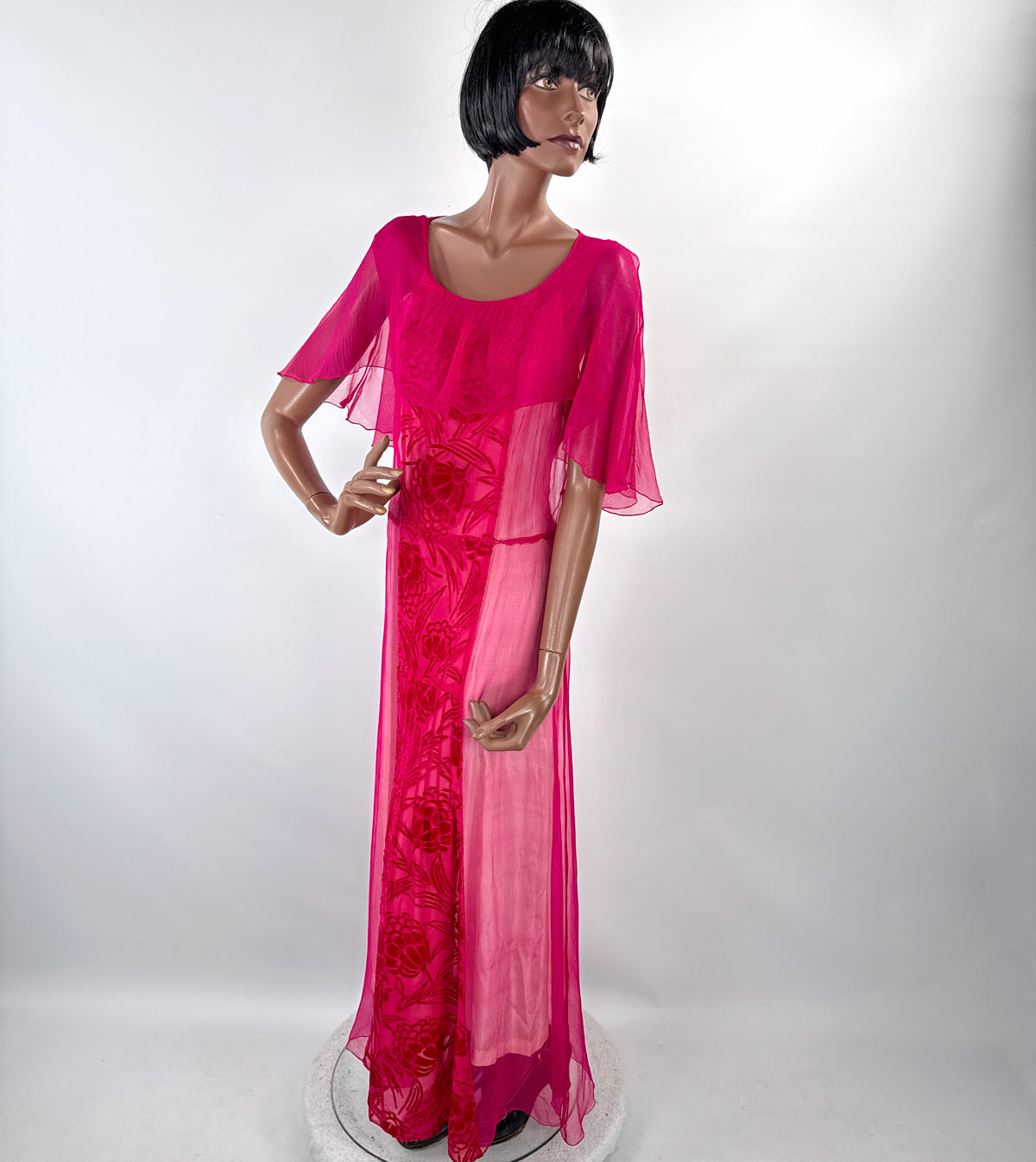 Hot Pink 20s Dress Vintage Chiffon &amp; Cut Velvet Art Deco VFG