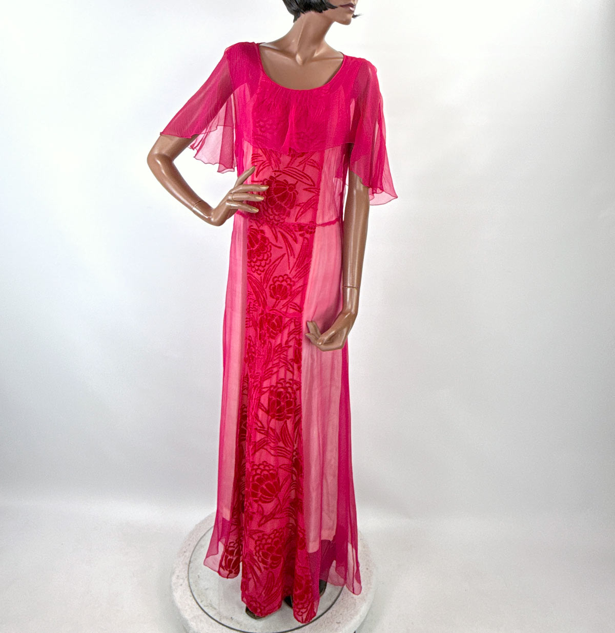 Hot Pink 20s Dress Vintage Chiffon & Cut Velvet Art Deco VFG Hot Pink 20s Dress Vintage Chiffon & Cut Velvet Art Deco VFG
