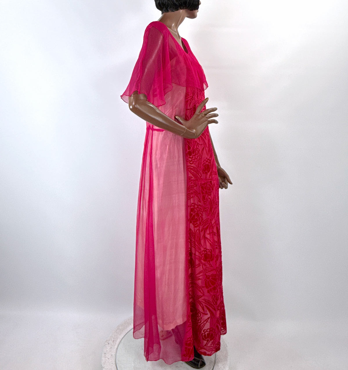 Hot Pink 20s Dress Vintage Chiffon &amp; Cut Velvet Art Deco VFG