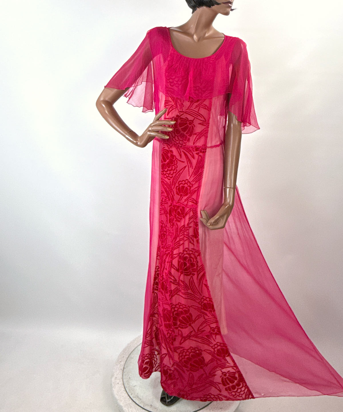 20s dress vintage Hot Pink Chiffon & Cut Velvet Art Deco VFG Shown with slip UK size:UK 18 stylish feminine Maxi Dress Madison Bhldn