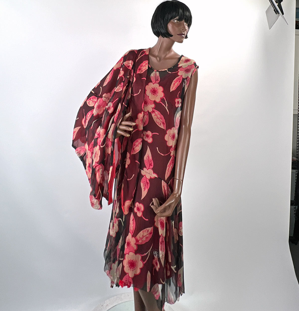 20s Vintage Chiffon Dress &amp; Jacket Set Art Deco Floral Print VFG