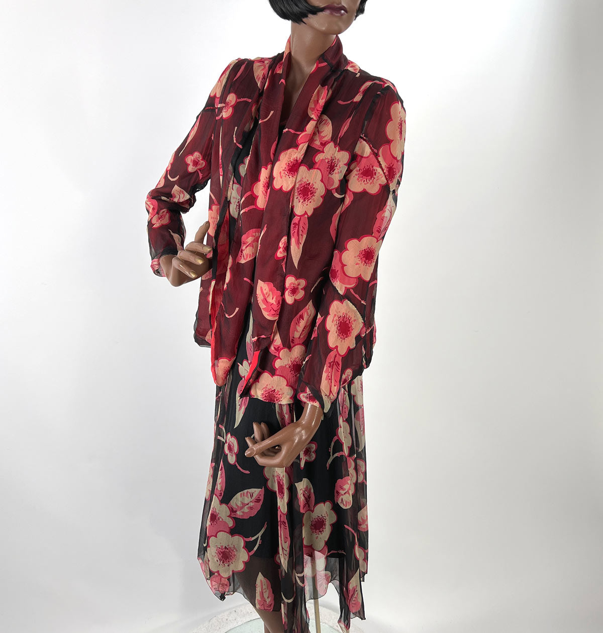 20s Vintage Chiffon Dress &amp; Jacket Set Art Deco Floral Print VFG