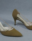 60s Spike Heels Vintage Deadstock Suede Olive Gold Pointy Toe Pumps Shoes Qualicraft VFG