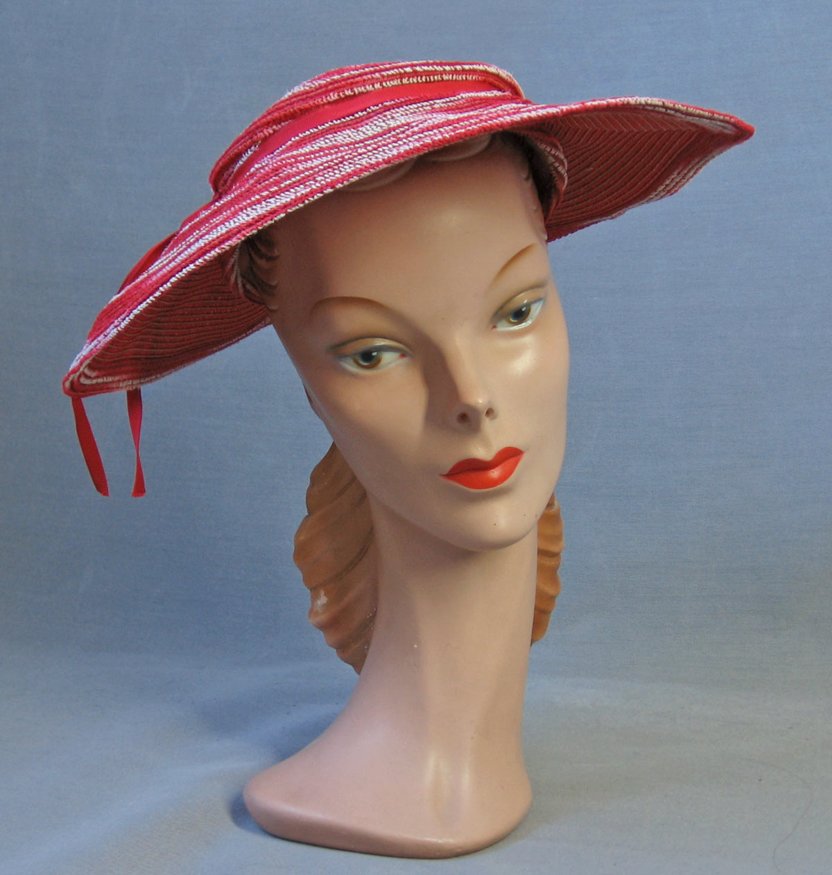 30s Vintage Platter Sun Hat Wide Brim Red &amp; White Summer 40s Garden Party Hat VFG