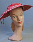 30s Vintage Platter Sun Hat Wide Brim Red & White Summer 40s Garden Party Hat VFG
