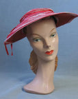 30s Vintage Platter Sun Hat Wide Brim Red & White Summer 40s Garden Party Hat VFG