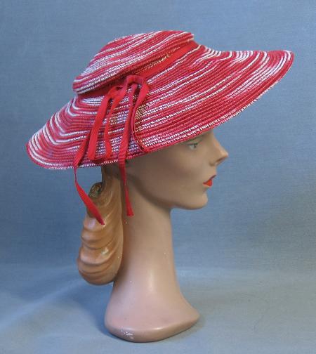 30s 40s Vintage Platter Sun Hat Wide Brim Red & White VFG