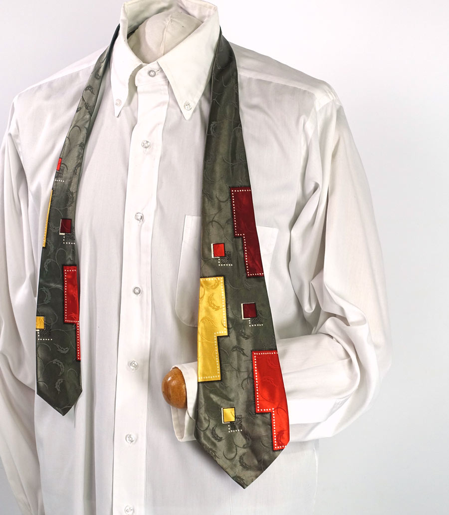 40s Vintage Extra Wide Neck Tie Satin Jacquard Neck Tie Earth Tone Geometrics Men's Regal Originals VFG