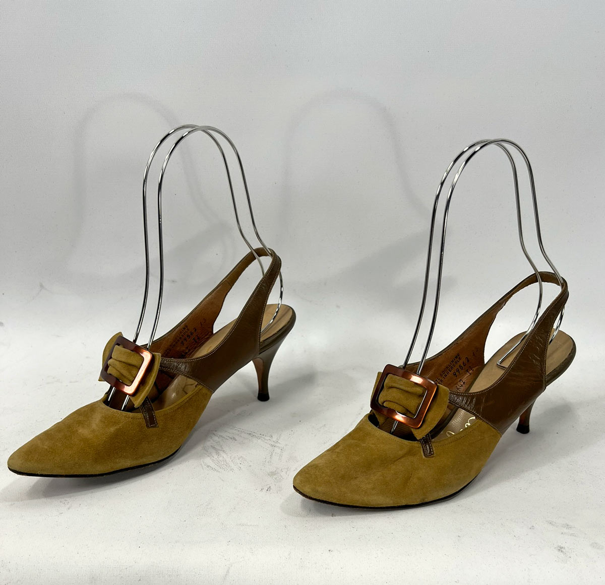 60s Vintage Buckled Stiletto Slingback Heels Olive Green Suede &amp; Leather Shoes Risque VFG