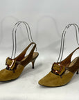 60s Vintage Buckled Stiletto Slingback Heels Olive Green Suede & Leather Shoes Risque VFG