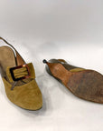 60s Vintage Buckled Stiletto Slingback Heels Olive Green Suede & Leather Shoes Risque VFG