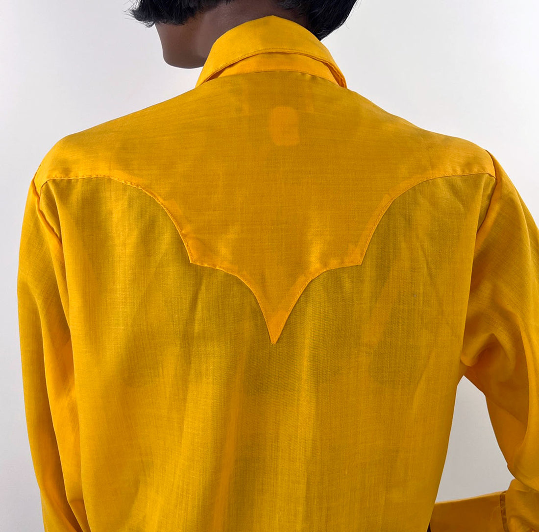 70s Vintage Western Cowboy Shirt Stop Sign Yellow Diamond Snaps Men's Medium New Old Stock Rockmount VFG
