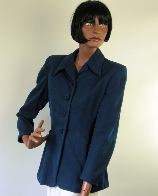 40s Vintage Gab Jacket Fit and Flare Navy Blue Medium Rollman's VFG