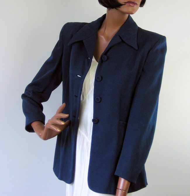 40s Vintage Gab Jacket Fit and Flare Navy Blue Medium Rollman's VFG