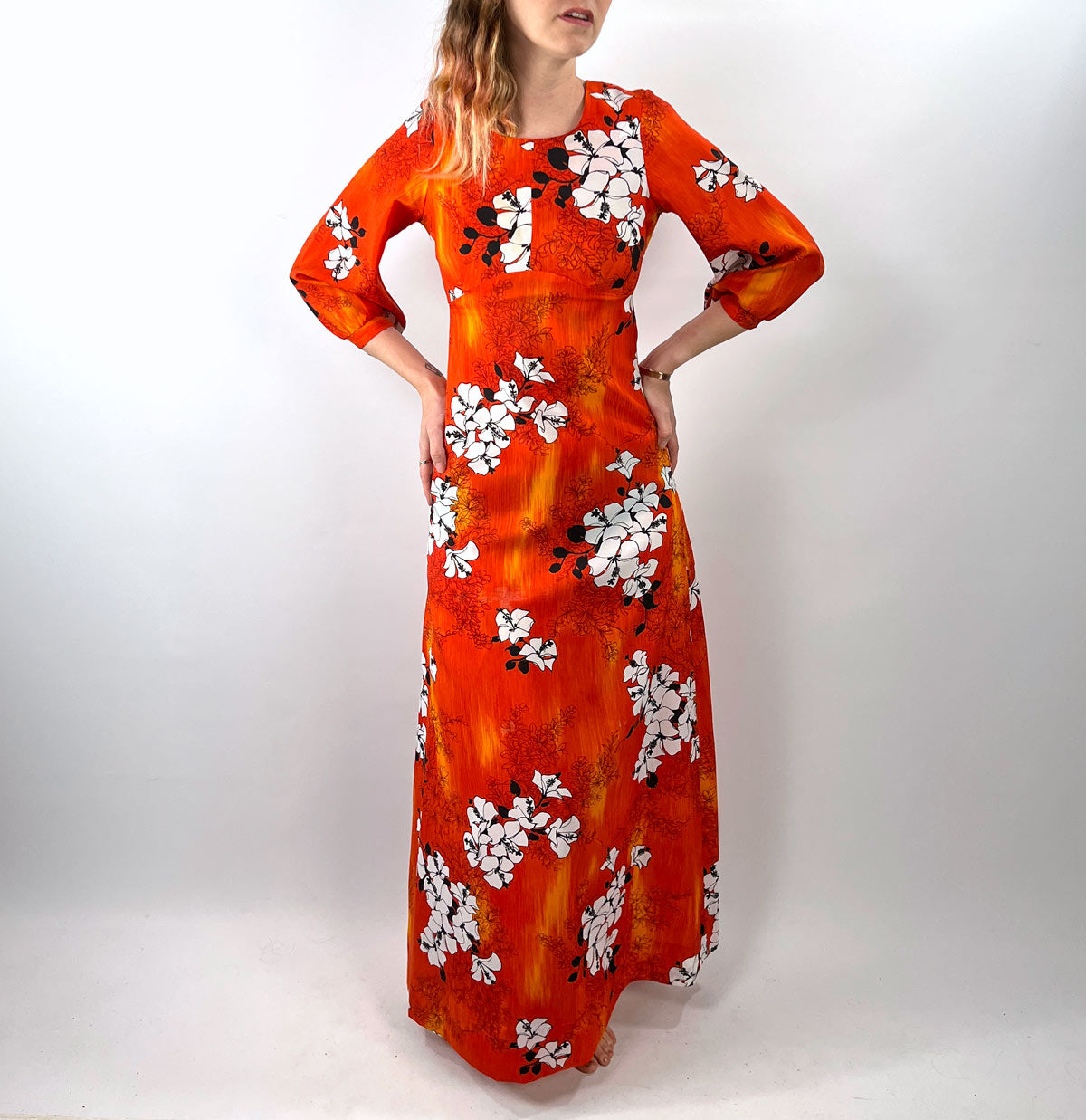 60s Maxi Dress Vintage Hawaiian Print Hibiscus Orange XS Sa-Ne Hawaii – Mags Rags