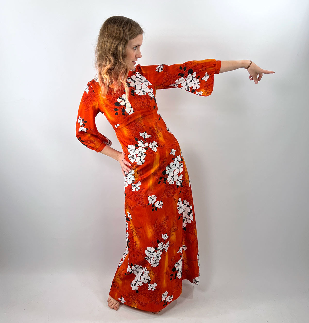 60s Maxi Dress Vintage Hawaiian Print Hibiscus Orange XS Sa-Ne Hawaii – Mags Rags