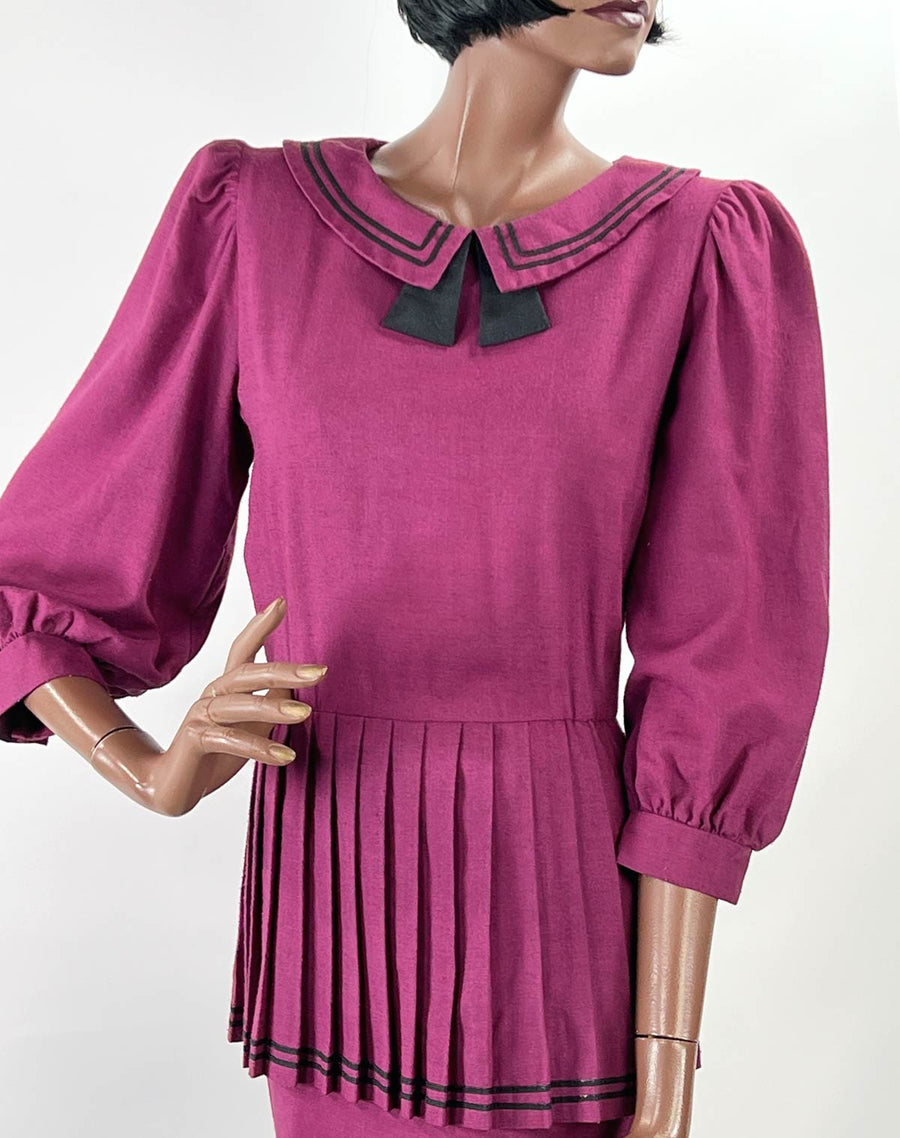 80s 90s Purple Peplum Vintage Dress 20s Middy Sailor Inspired Medium Sabino VFG