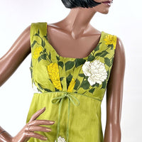 60s 70s Hawaiian Print Empire Waist Vintage Maxi Dress Green Medium by Sandpiper VFG NOS?