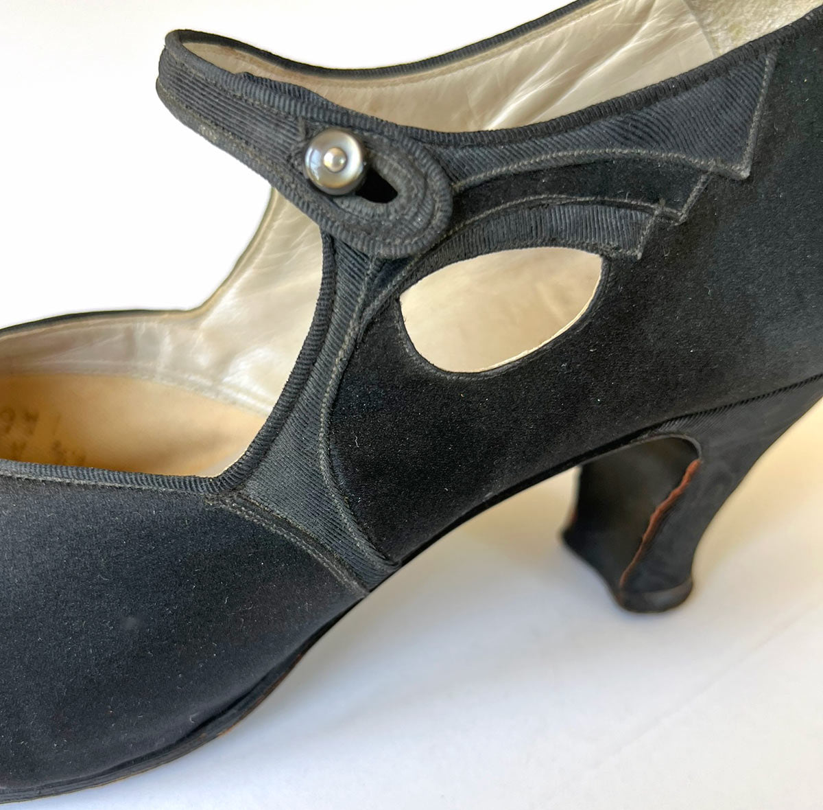 As-Is 20s Vintage Ankle Strap Heels Antique Shoes Black Satin Buttoned Selby VFG