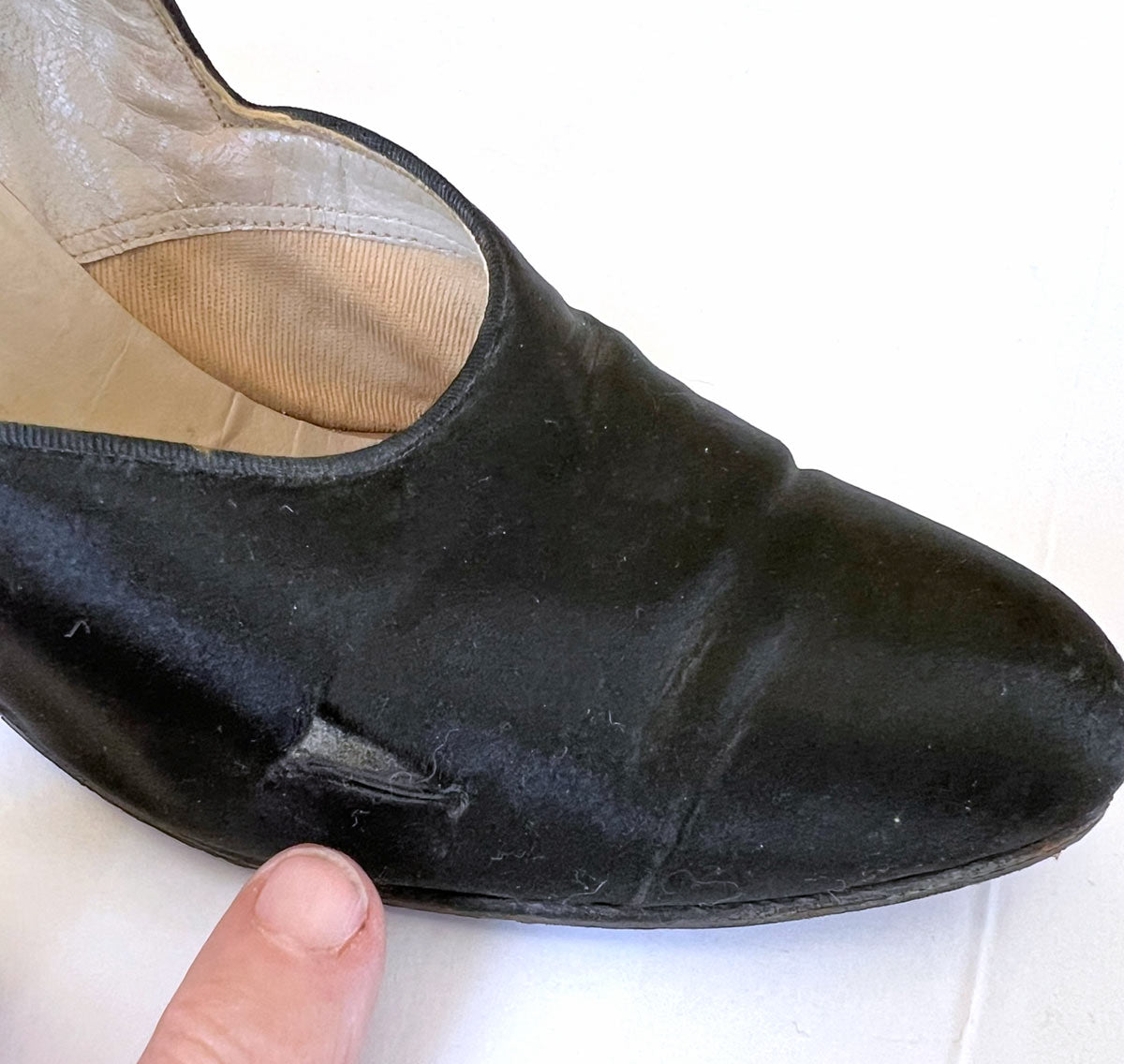 As-Is 20s Vintage Ankle Strap Heels Antique Shoes Black Satin Buttoned Selby VFG