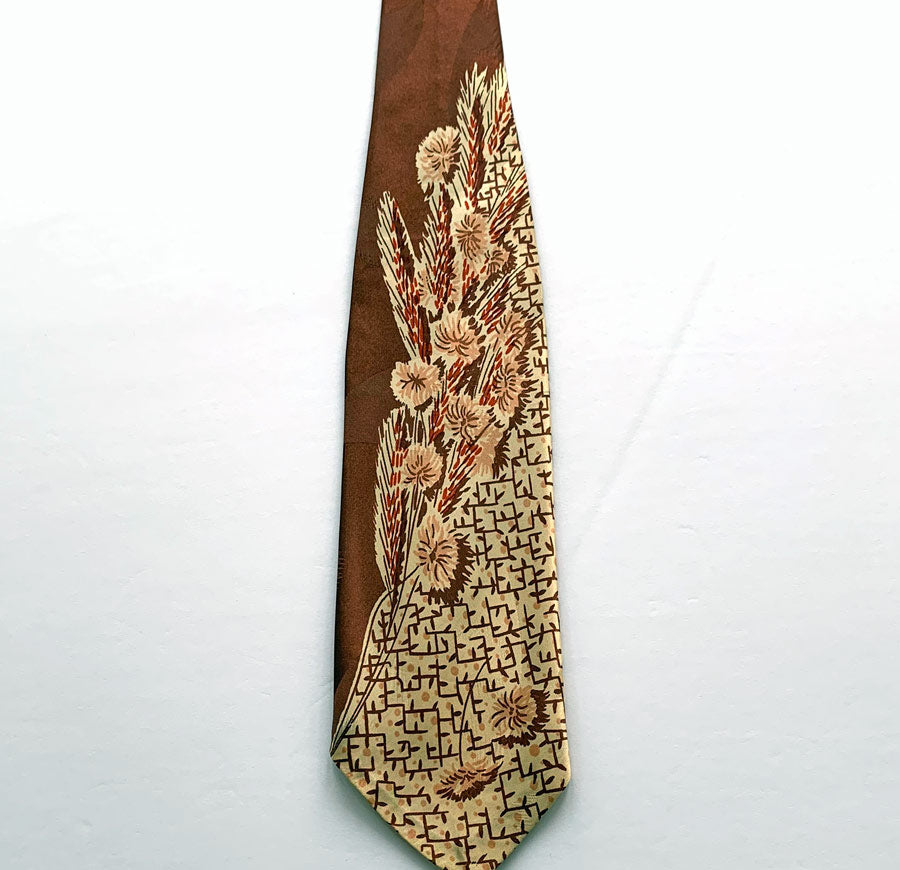 40s Necktie Brown & Cream Vintage Autumn Wheat Spidery Floral Print Jacquard VFG Selected Fabrics Resilient Construction